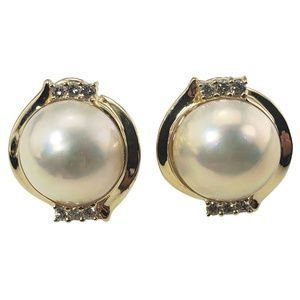 Vintage 14 Karat Yellow Gold Mabe Pearl and Diamond Earrings #12809